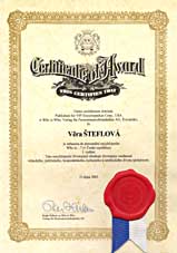 Certifikát Certificate of Award